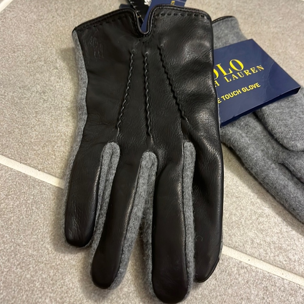 Polo Ralph Lauren Gloves Leather Wool fleece touch screen Winter Mens XL - Picture 2 of 12
